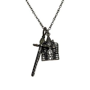 Silver Tone Metal Castle & Sword Pendant Chain Necklace Renfaire Fantasy Gothic